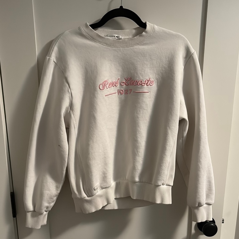 Lacoste white Crew Neck Sweater with Pink Embroidery